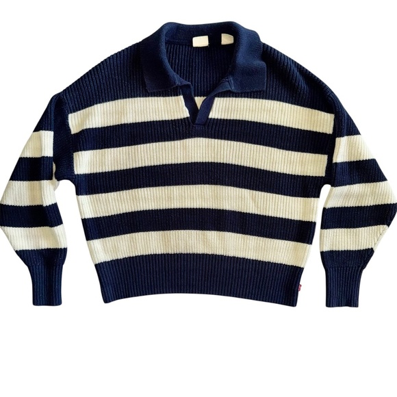 Levi's Eve Bold Block Stripe Sweater Navy Cream Size Medium Preppy - Picture 2 of 10